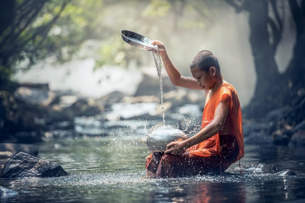 boy, monk, river, buddhist, water, ritual, nature, buddhism, meditation, culture, oriental, religion, worship, sacred, spiritual, thailand, asia