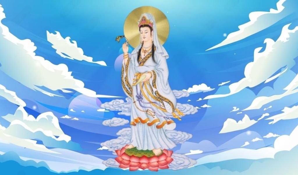 Hình vẽ nhân vật trong trang phục áo choàng trắng đứng trên mây